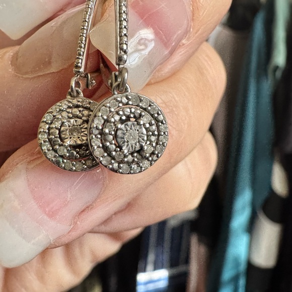 1/10 CT Diamond Halo Dangle Earrings Sterling Silver - Picture 6 of 6